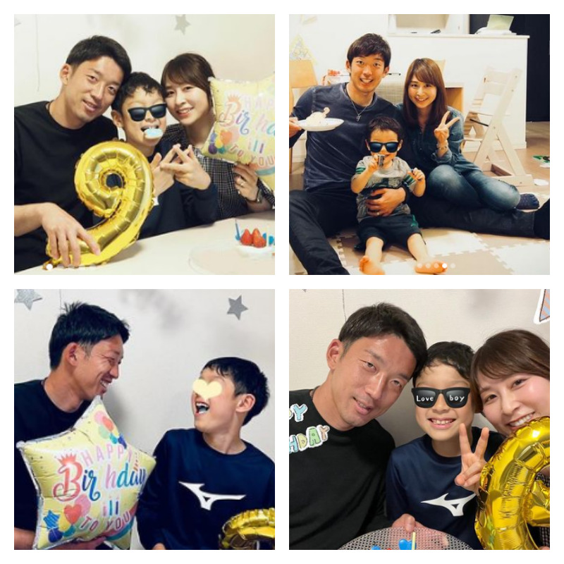 権田修一選手と嫁・篠田裕美さんと息子の写真を4枚並べた画像