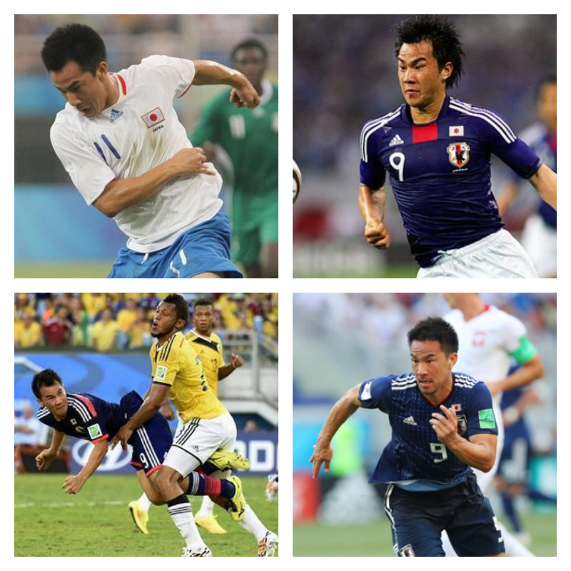 岡崎慎司選手の写真を4枚並べた画像