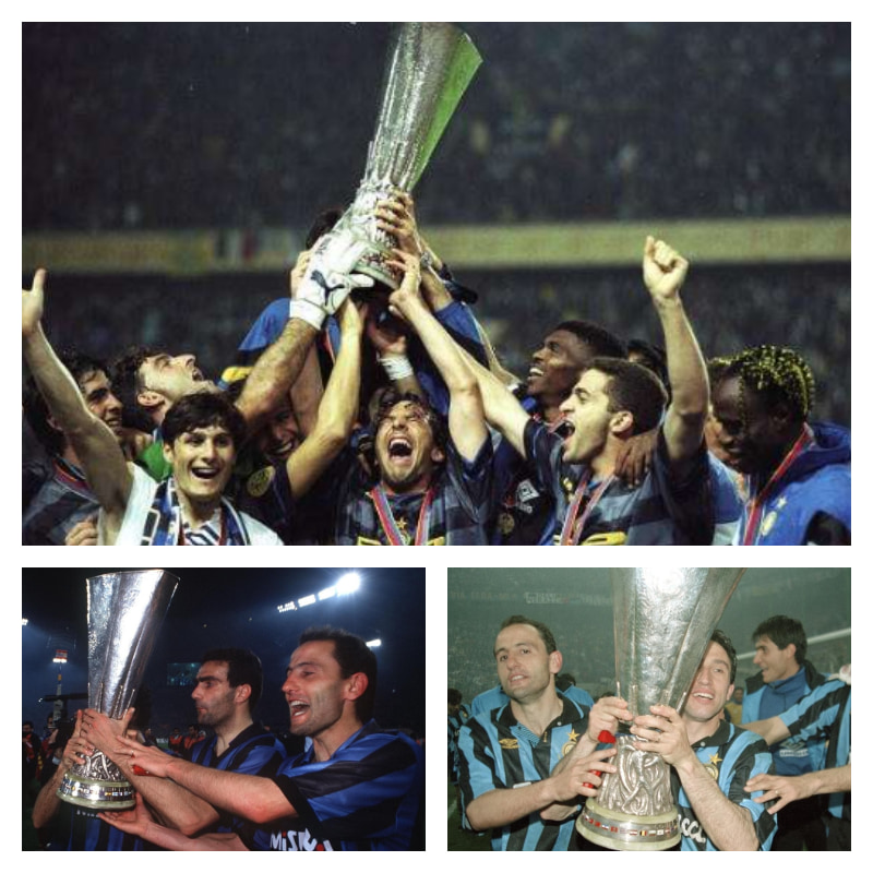 UEFAヨーロッパリーグ優勝時のインテルの写真3枚並べた画像