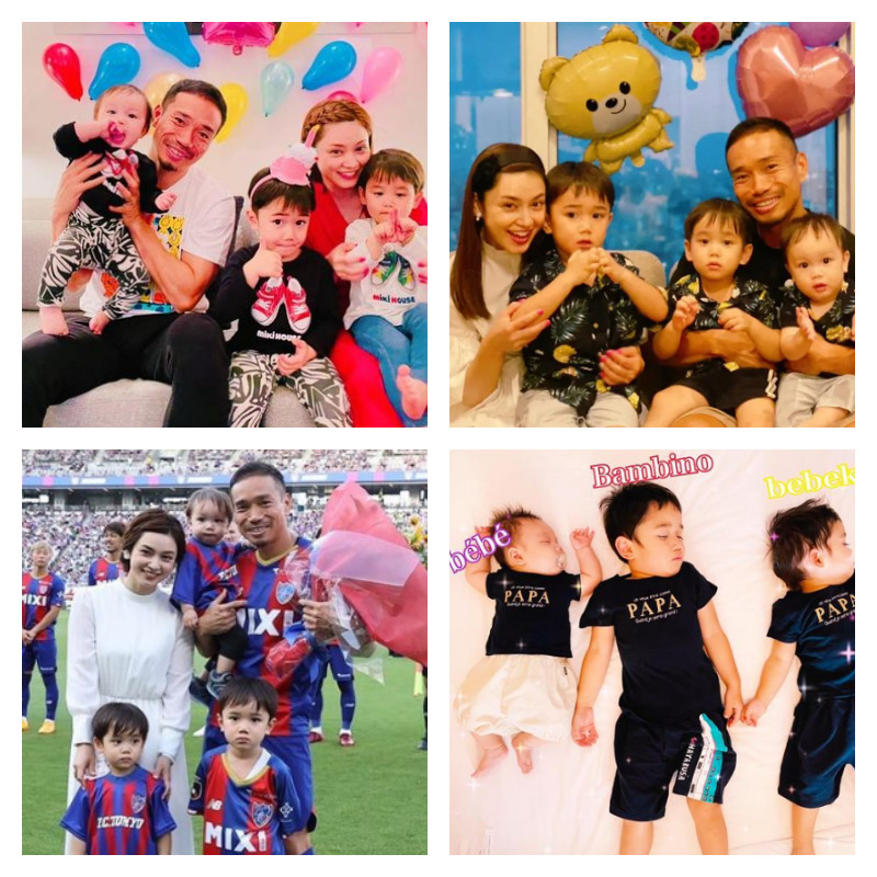 長友佑都選手と平愛梨さんと子供3人の写真を4枚並べた画像
