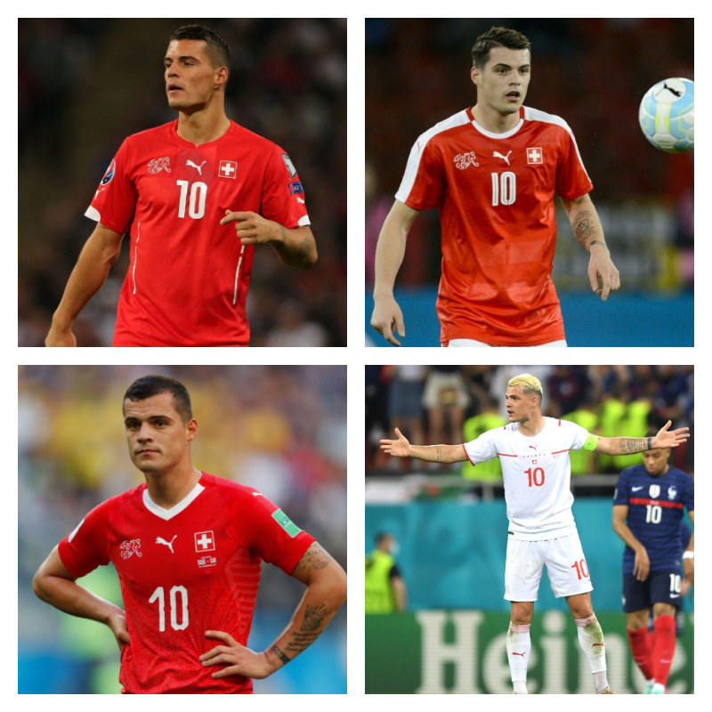スイス代表時のグラニト・ジャカ選手の写真4枚並べた画像