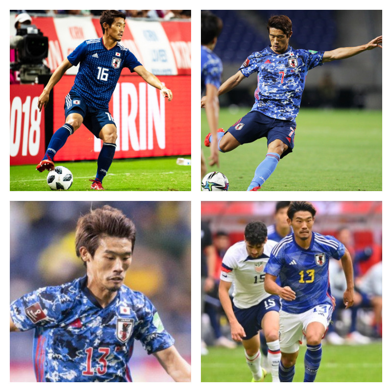 日本代表時の守田英正選手の写真4枚並べた画像