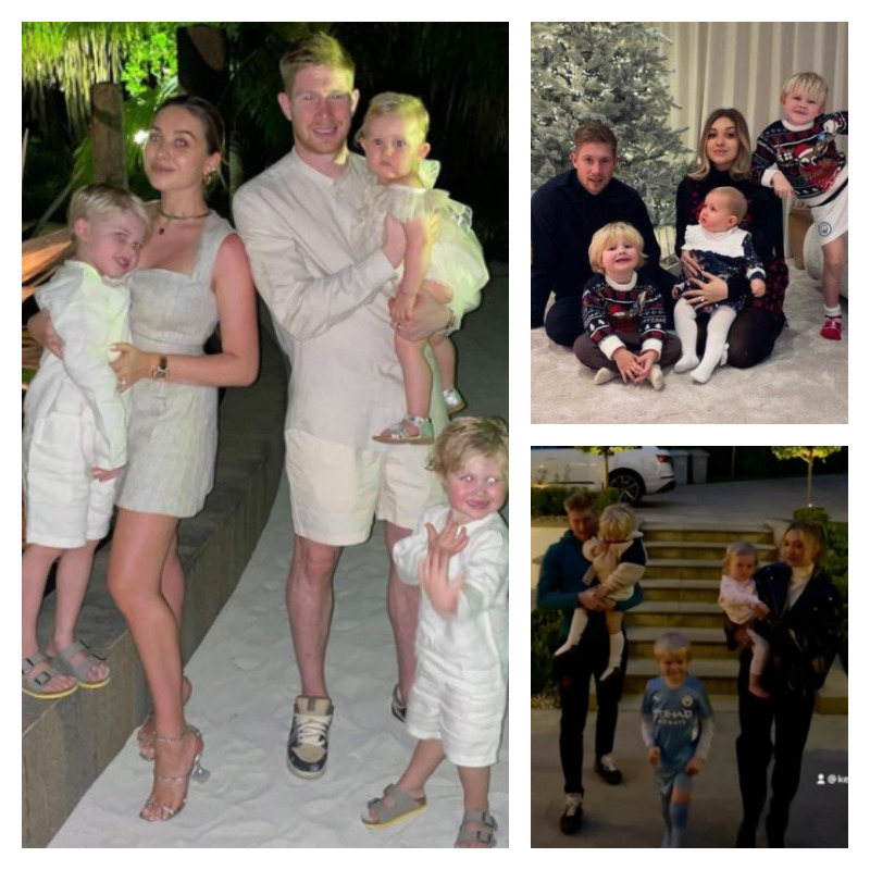 ケヴィン・デ・ブライネ選手と妻と子供3人の写真を3枚並べた画像