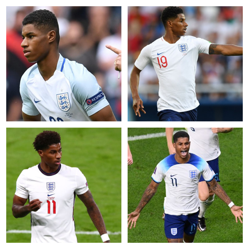 イングランド代表時のラッシュフォード選手の写真4枚並べた画像