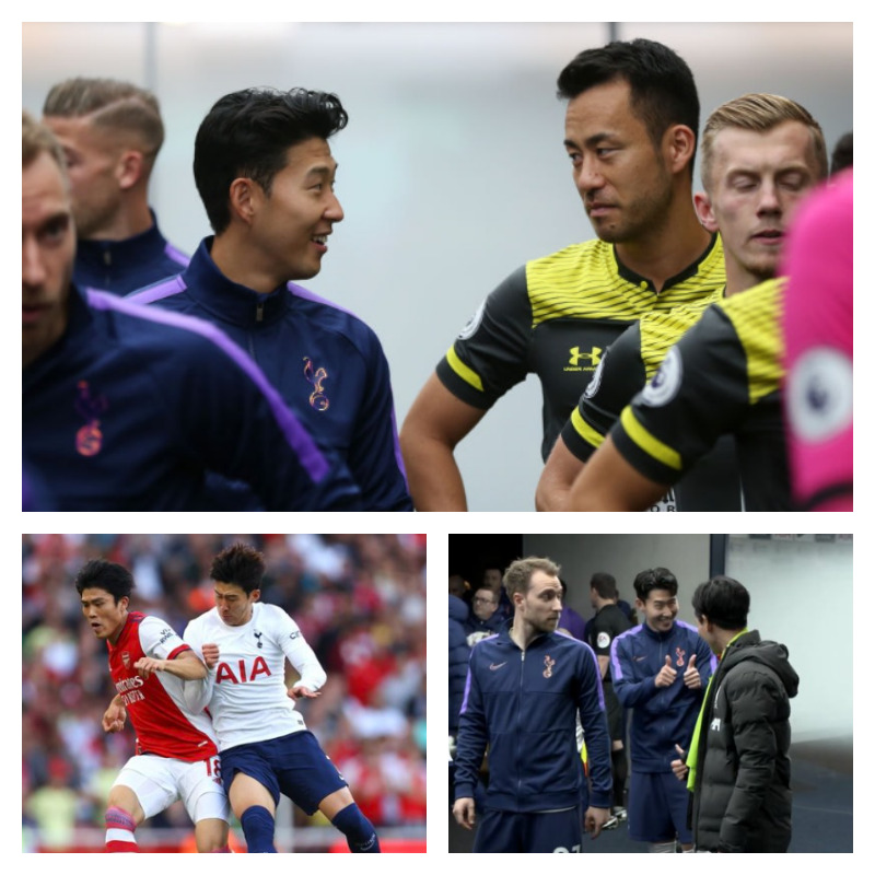 ソン・フンミン選手と日本人選手の写真3枚並べた画像