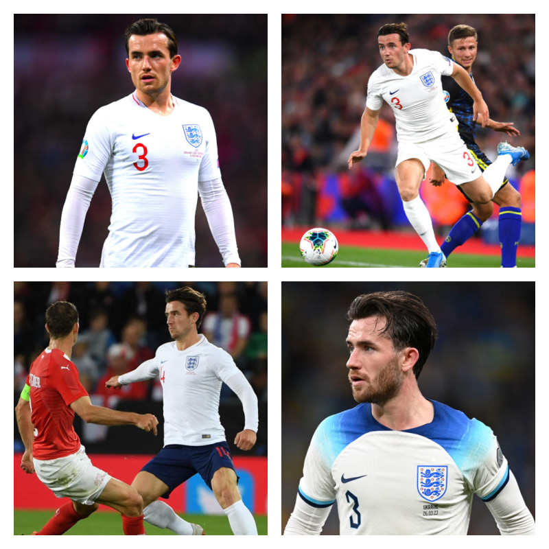 イングランド代表でのチルウェル選手の写真4枚並べた画像