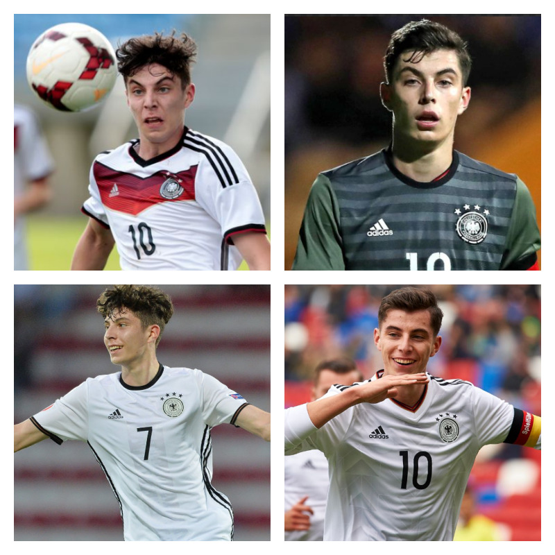 ドイツ代表（U-17、19）時代のカイ・ハフェルツ（ハヴァーツ）選手の写真4枚並べた画像
