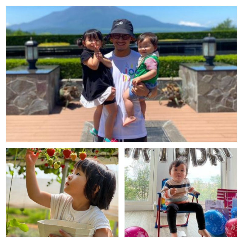 前田大然選手と子供の写真を4枚並べた画像
