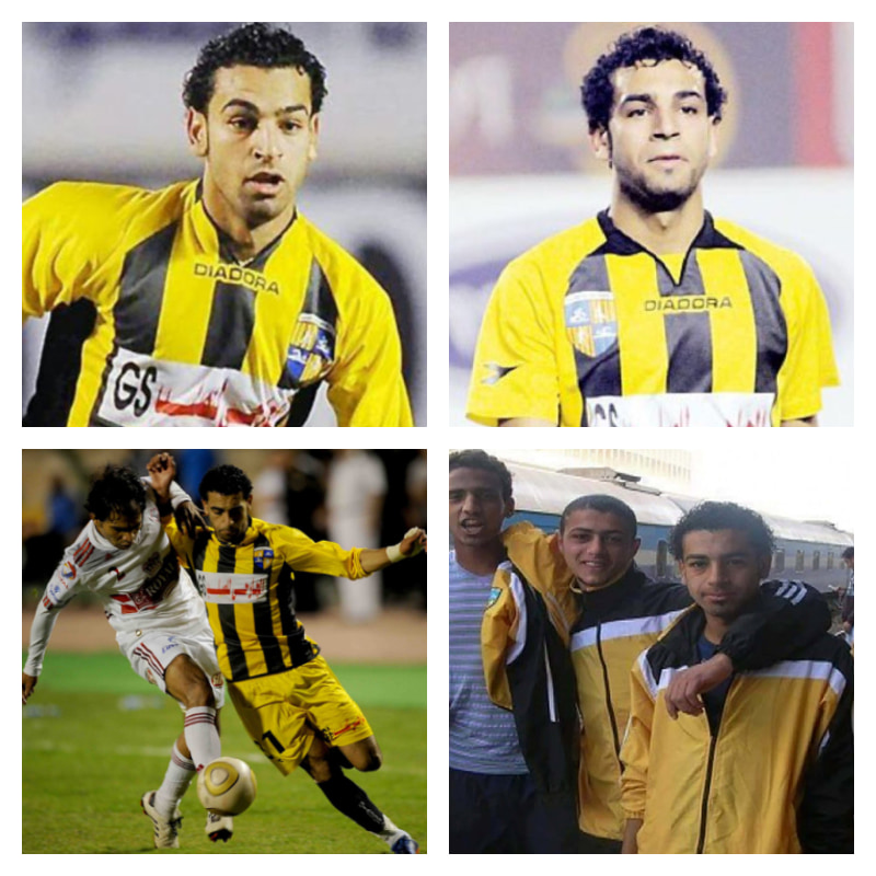 アラブ・コントラクターズSC（アル＝ムカーウィルーン・アル＝ アラブ）時代のモハメド・サラー選手の写真4枚並べた画像