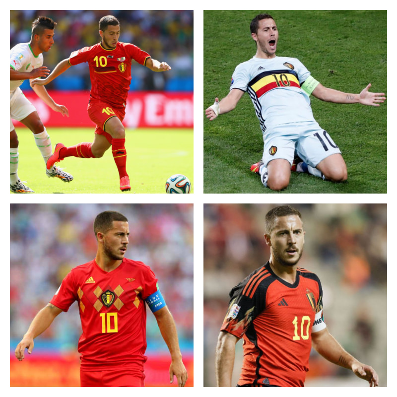 ベルギー代表でのアザール選手の写真4枚並べた画像