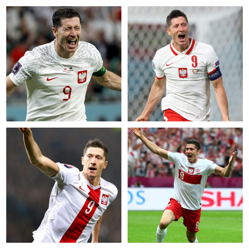 ポーランド代表でのレヴァンドフスキ選手の写真4枚並べた画像