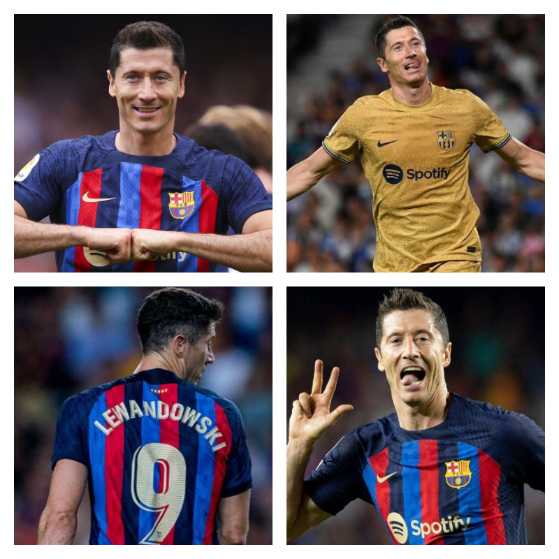 バルセロナでのレヴァンドフスキ選手の写真4枚並べた画像