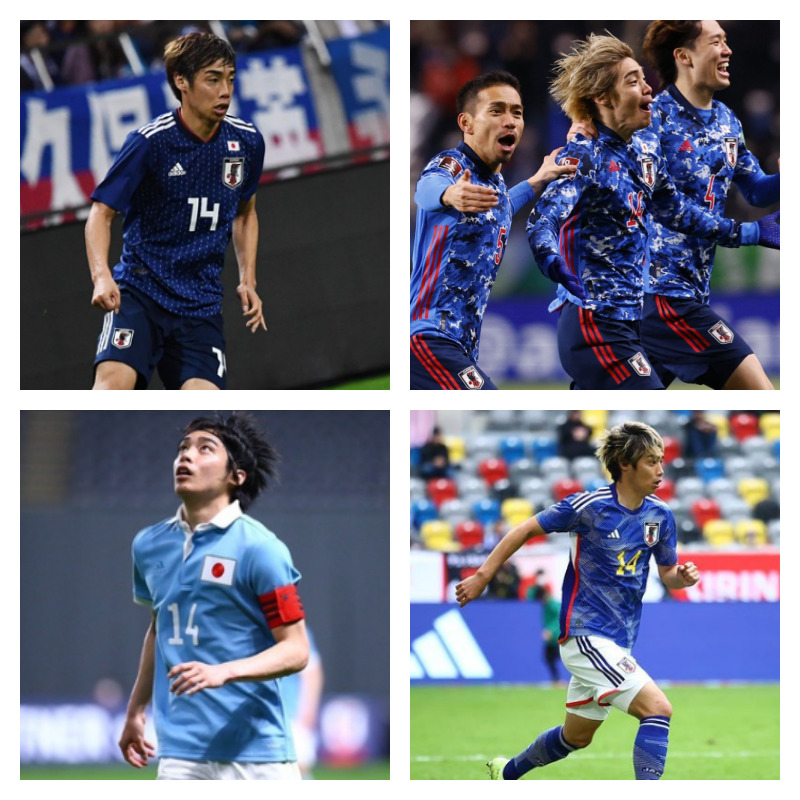 日本代表時の伊東純也選手の写真4枚並べた画像