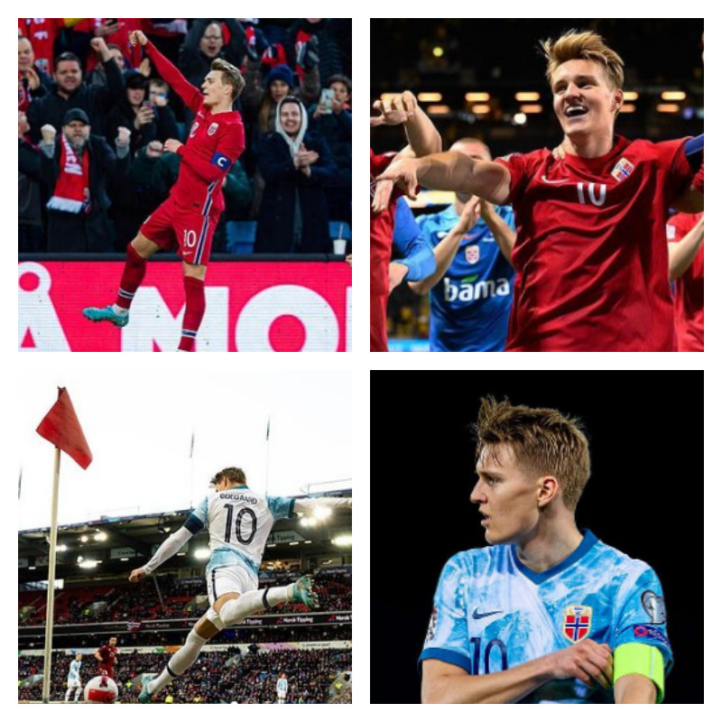 ノルウェー代表のマルティン・ウーデゴール選手の写真4枚並べた画像