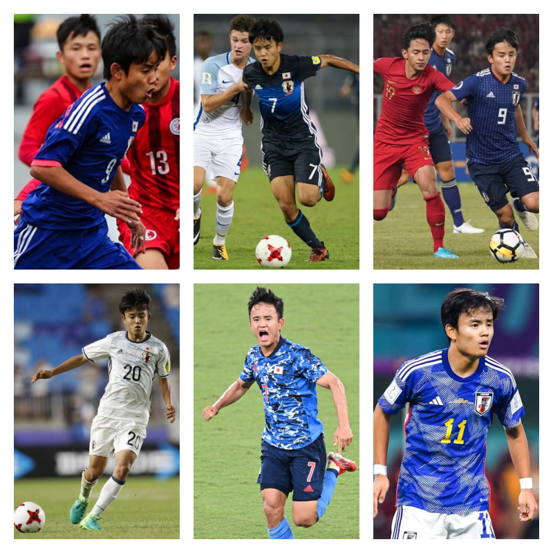 日本代表時の久保建英選手の写真6枚並べた画像