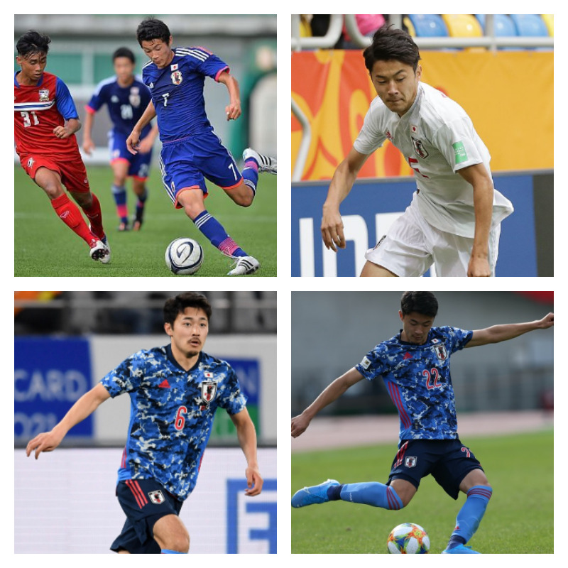 日本代表時の菅原由勢選手の写真4枚並べた画像