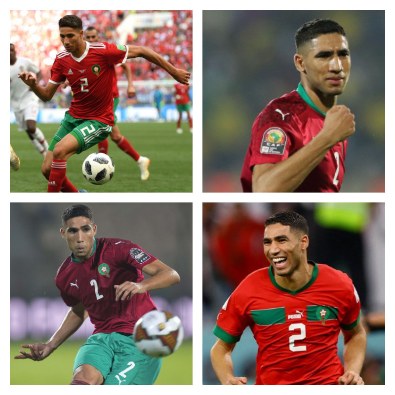 モロッコ代表でのアクラフ・ハキミ選手の写真4枚並べた画像