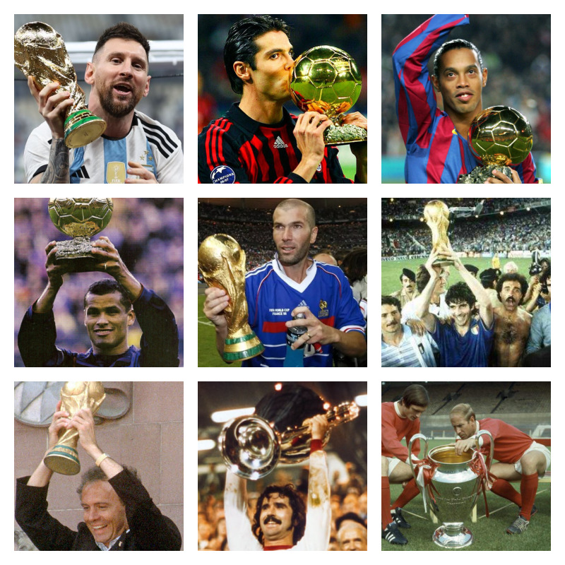 UEFAチャンピオンズリーグとワールドカップ両方制し,バロンドールも受賞した選手の写真9枚並べた画像