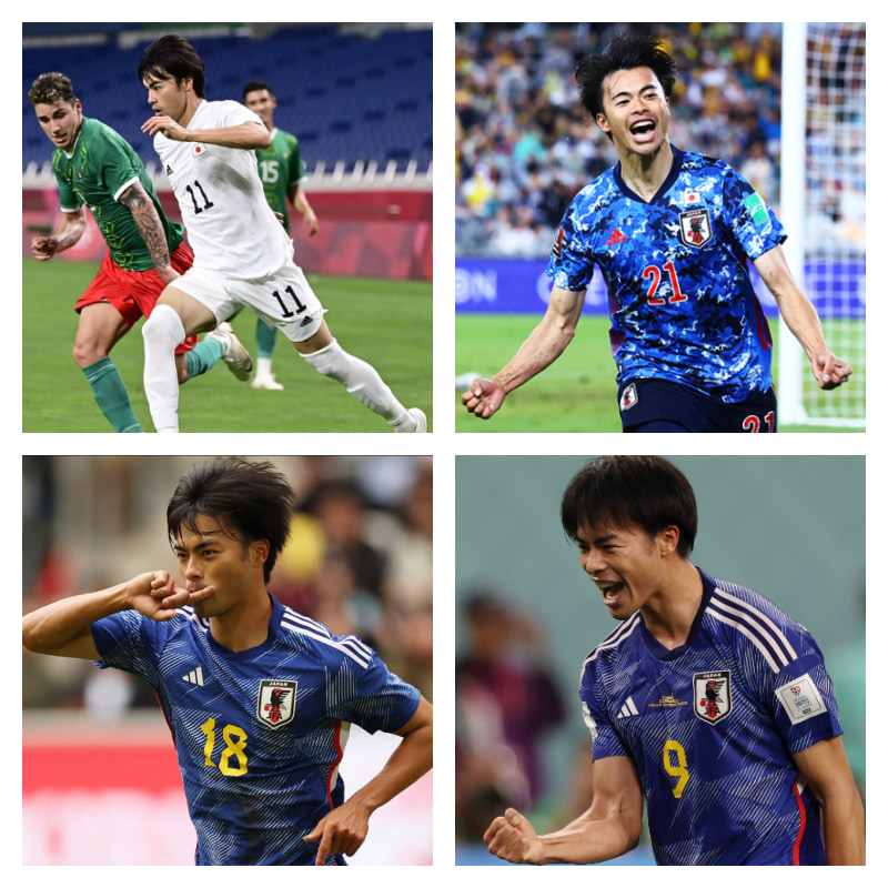 日本代表での三笘薫選手の写真4枚並べた画像