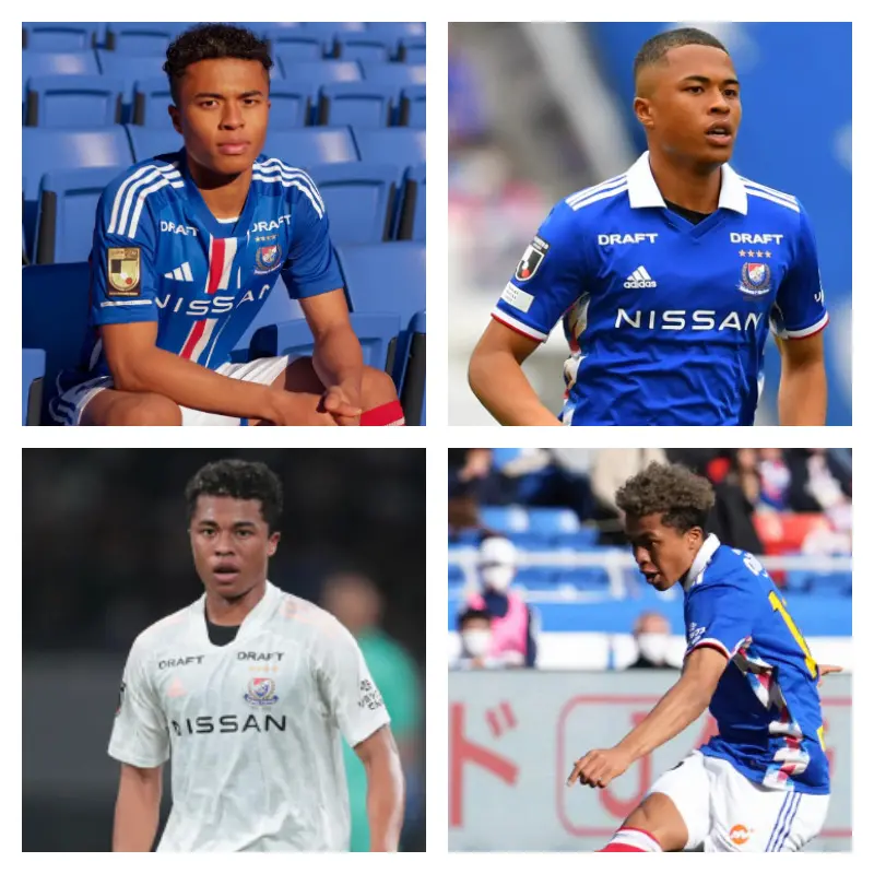 横浜F・マリノスでの藤田譲瑠チマ選手の写真4枚並べた画像