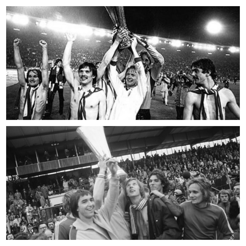 UEFAヨーロッパリーグ優勝時のボルシア・メンヒェングラートバッハの写真2枚並べた画像