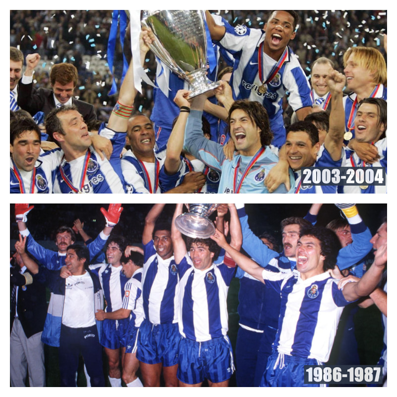 UEFAチャンピオンズリーグ、チャンピオンズカップ優勝のFCポルトの写真2枚並べた画像
