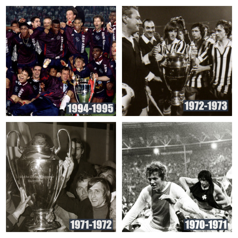 UEFAチャンピオンズリーグ、チャンピオンズカップ優勝時のアヤックスの写真2枚並べた画像