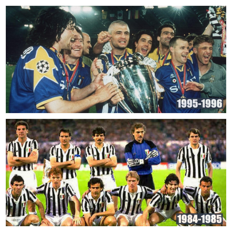 UEFAチャンピオンズリーグ、チャンピオンズカップ優勝のユヴェントスの写真2枚並べた画像