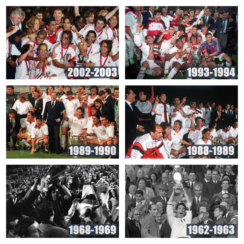 UEFAチャンピオンズリーグ、チャンピオンズカップ優勝時のACミランの写真6枚並べた画像