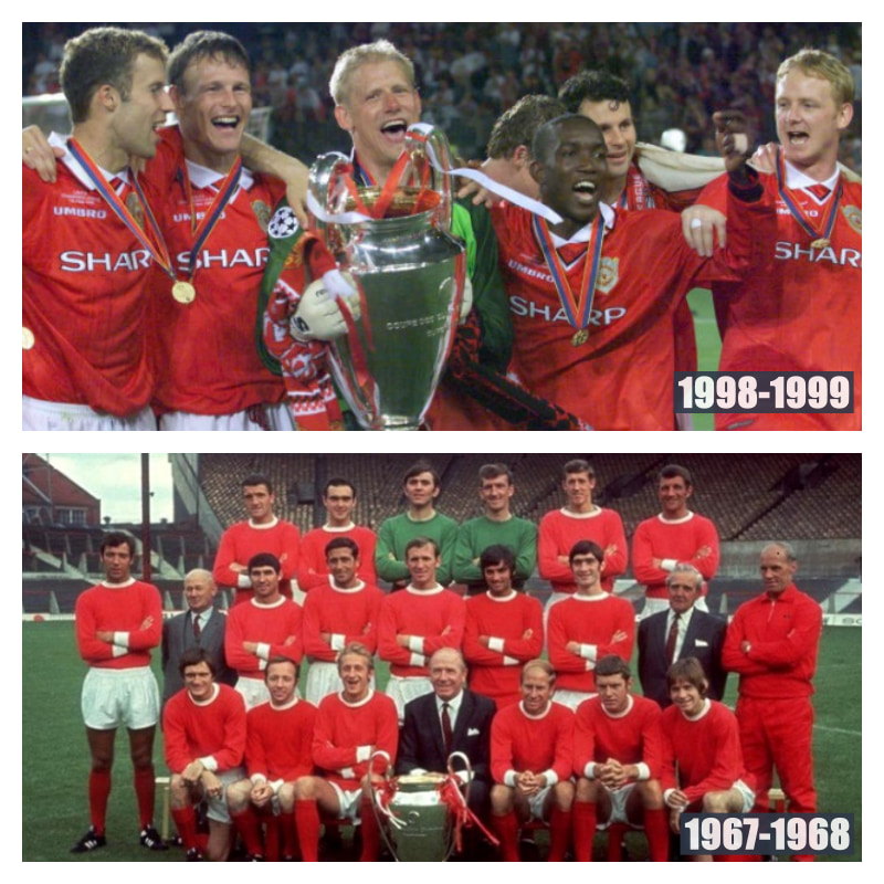 UEFAチャンピオンズリーグ、チャンピオンズカップ優勝のマンチェスター・ユナイテッドの写真2枚並べた画像