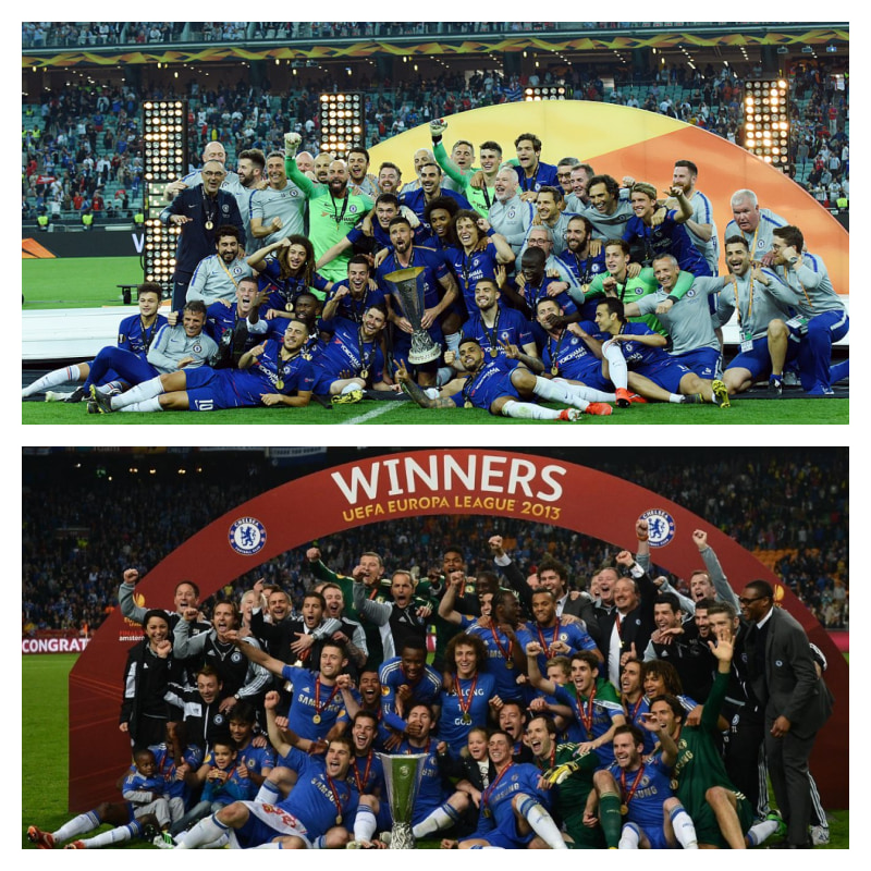 UEFAヨーロッパリーグ優勝時のチェルシーの写真2枚並べた画像
