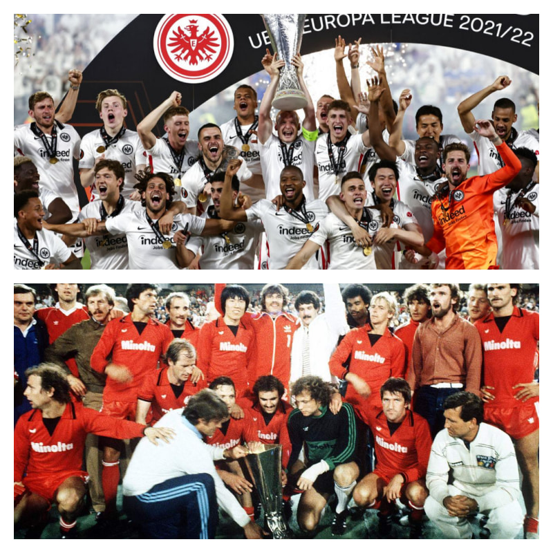 UEFAヨーロッパリーグ優勝時のフランクフルトの写真2枚並べた画像