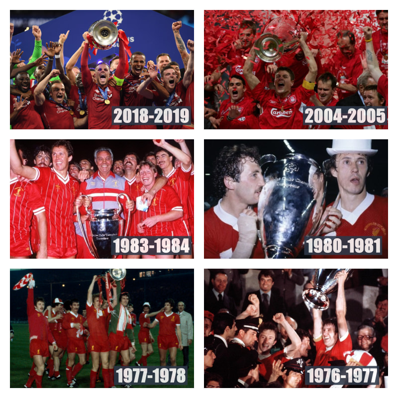 UEFAチャンピオンズリーグ、チャンピオンズカップ優勝時のリヴァプールの写真6枚並べた画像