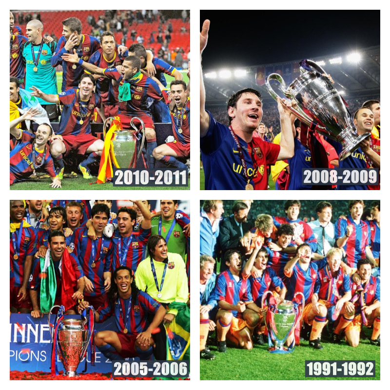 UEFAチャンピオンズリーグ、チャンピオンズカップ優勝時のバルセロナの写真4枚並べた画像