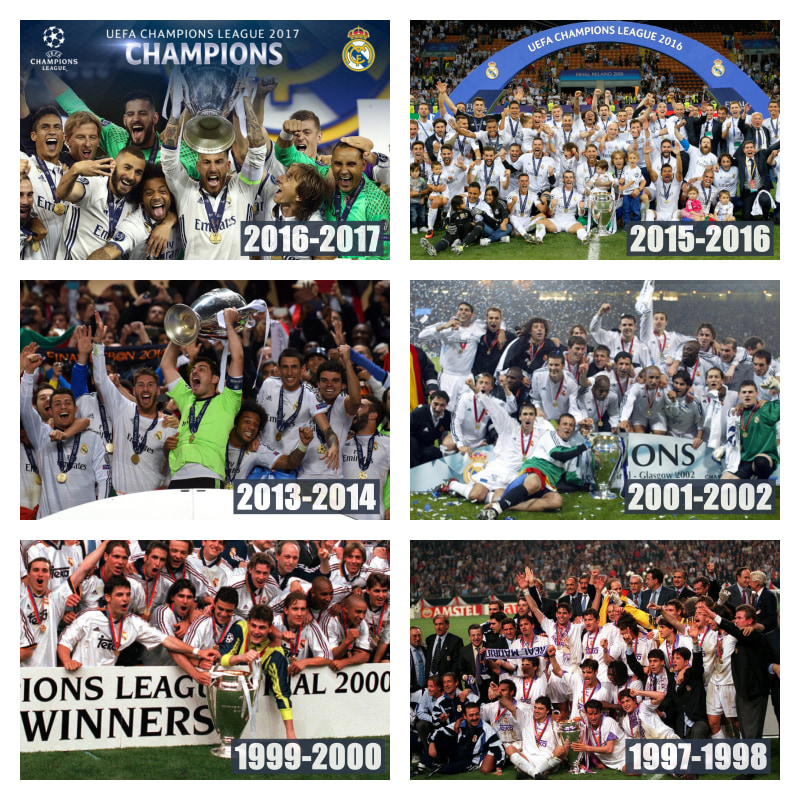 UEFAチャンピオンズリーグ優勝時のレアル・マドリードの写真6枚並べた画像