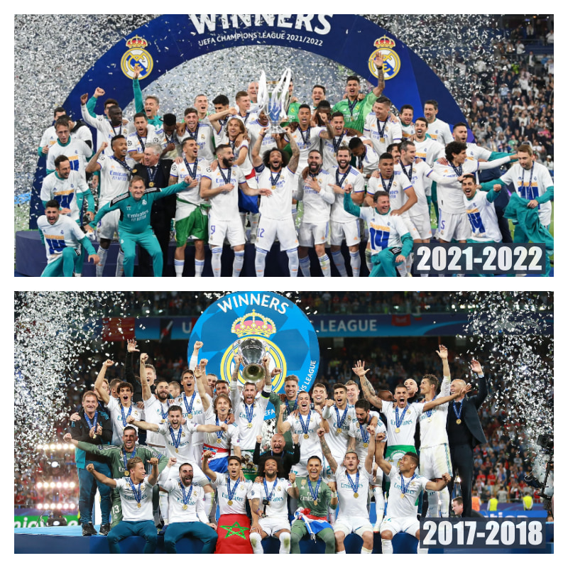 UEFAチャンピオンズリーグ優勝時のレアル・マドリードの写真2枚並べた画像