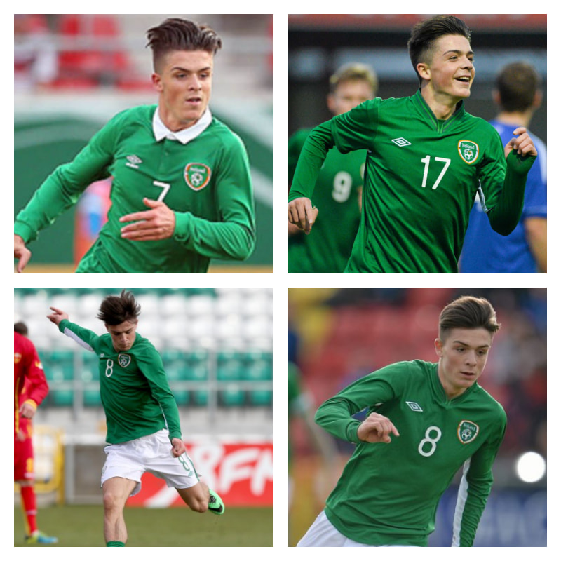 アイルランド代表（アンダー世代）でのグリーリッシュ選手の写真4枚並べた画像