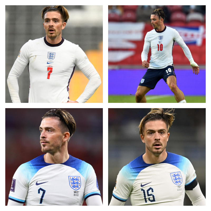 イングランド代表でのグリーリッシュ選手の写真4枚並べた画像